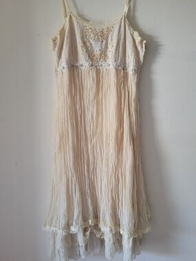 Vintage Vasna Desire Ivory Boho Crochet Bodice Spaghetti Strap Midi Dress